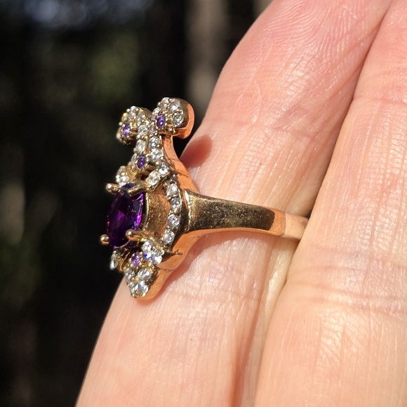 Amethyst 4k & Topaz Elegant Fleur-de-lis style Sterling & Gold ring sz 7.75 - Picture 4 of 11